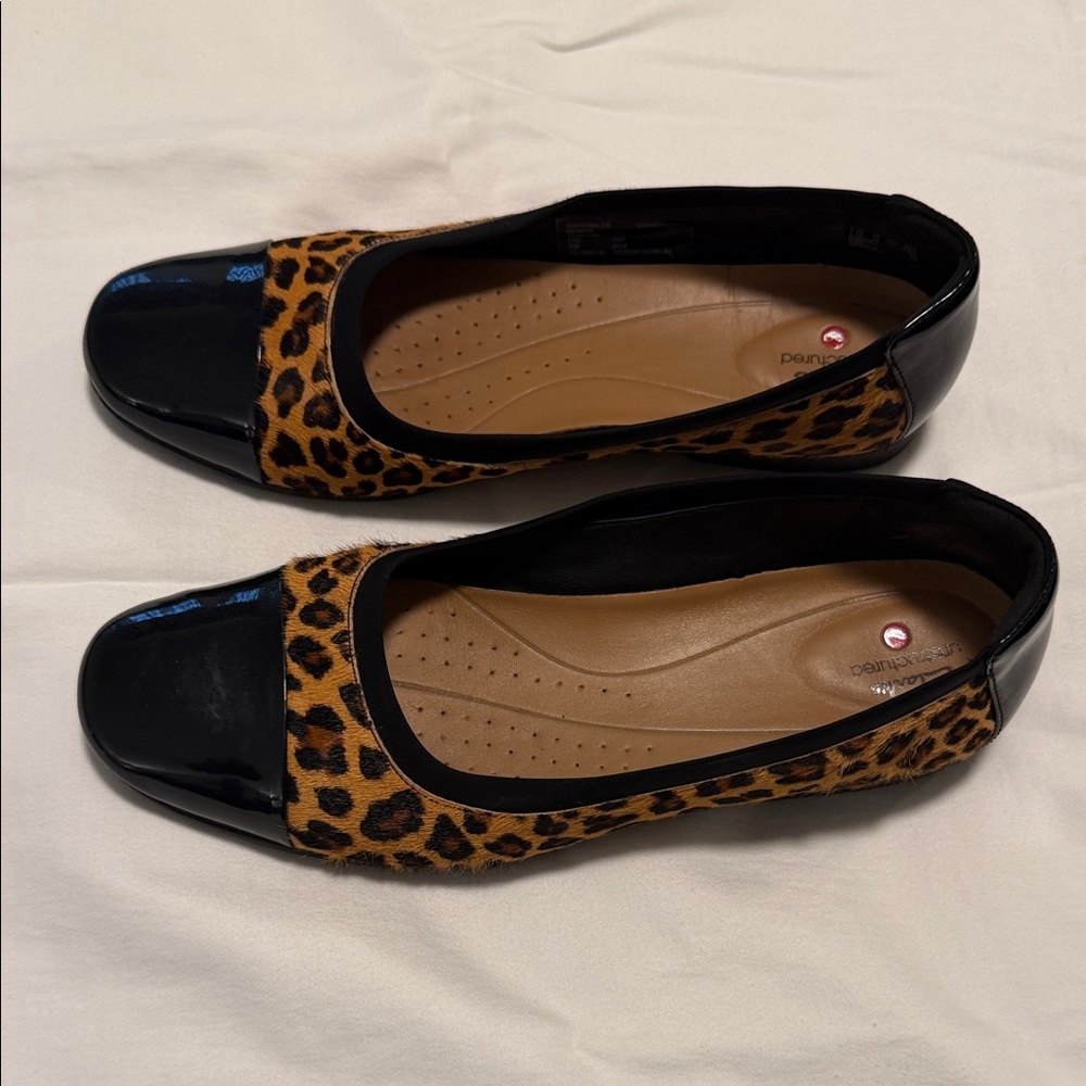 Clarks Animal Print Flats with Glossy Black Accents